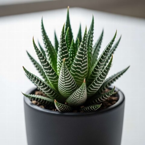 A close-up of a small Haworthia succulent with white stripes.