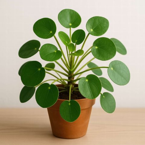 A charming Chinese Money Plant with its round, coin-like leaves in a pot.