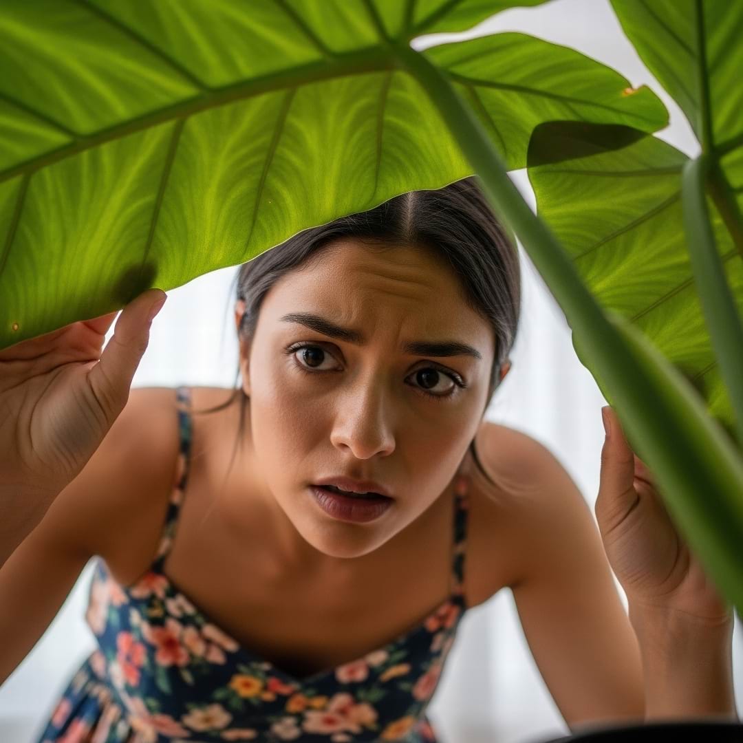 A close-up of a person inspecting the underside of a leaf for bugs.