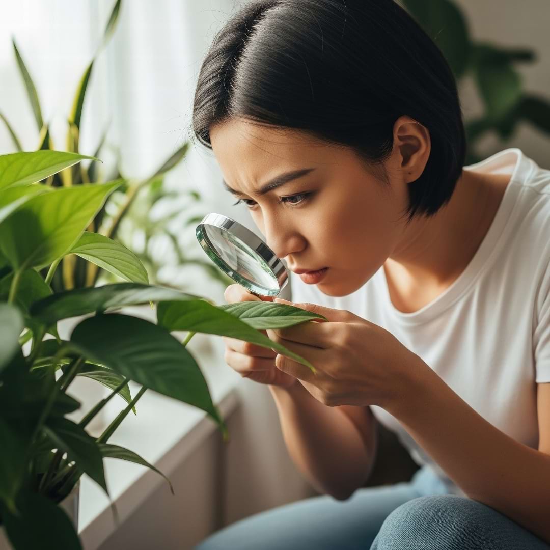 A person looking closely at a leaf with a magnifying glass like a detective.