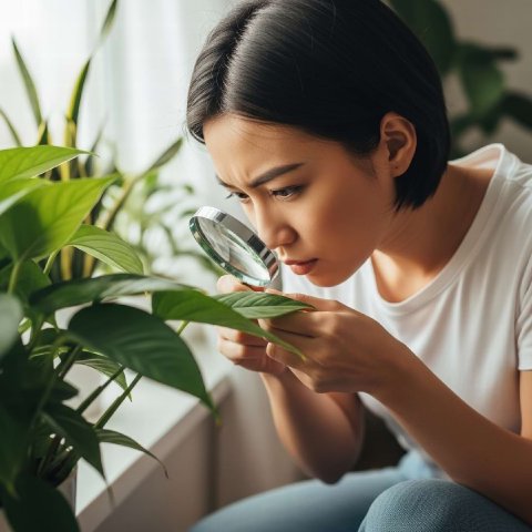 A person looking closely at a leaf with a magnifying glass like a detective.