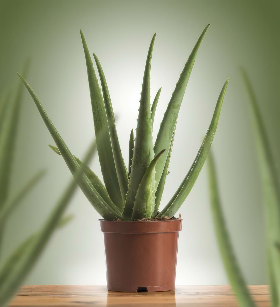 An Aloe Vera plant in a pot, showing its thick, fleshy, serrated leaves.
