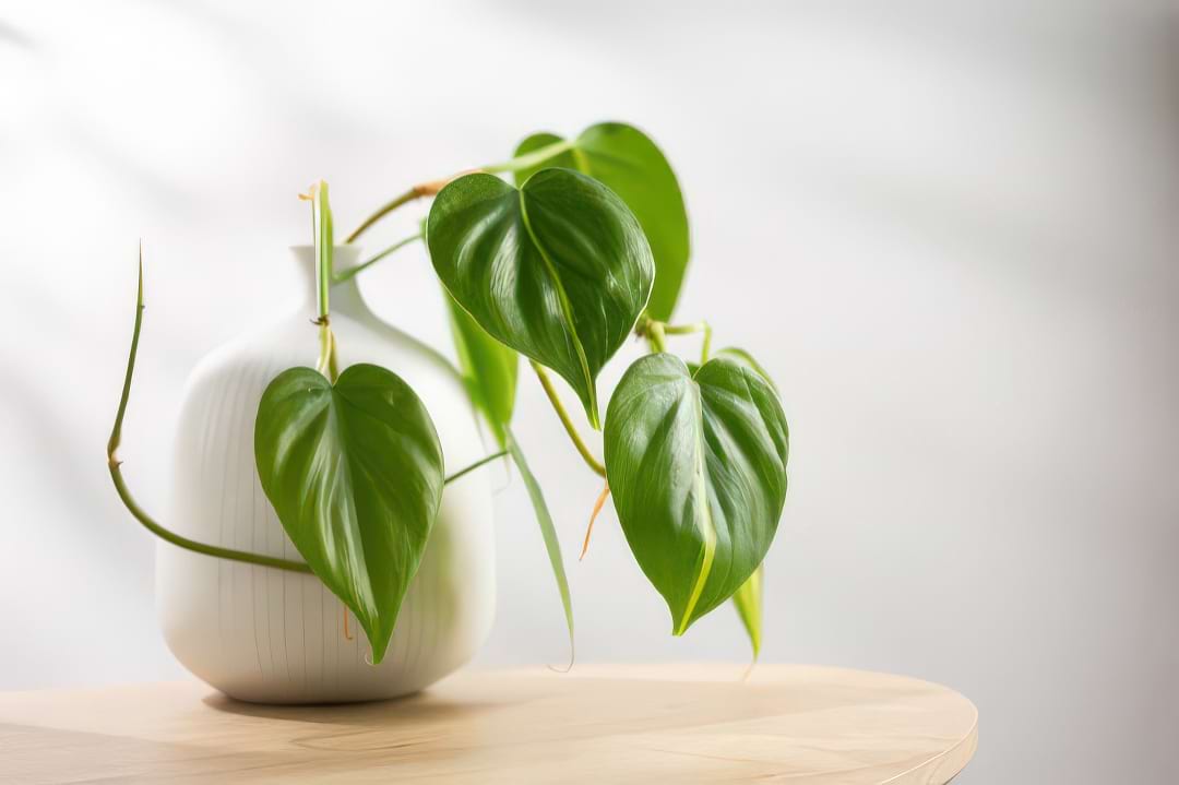 A Golden Pothos plant with its heart-shaped, variegated leaves trailing down from a pot.