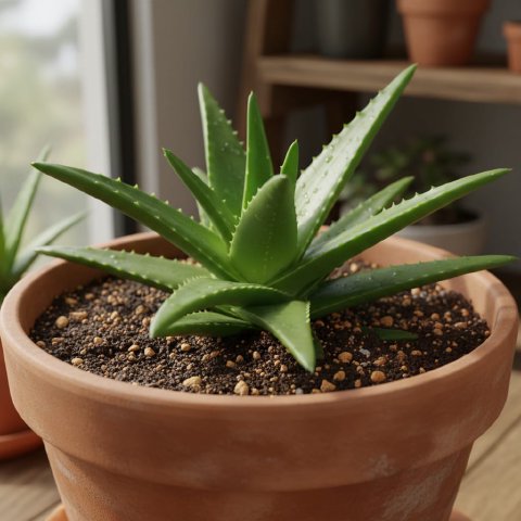 A healthy, vibrant aloe vera plant thriving in a terracotta pot with gritty soil.