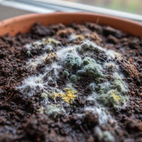 A close-up of mold growing on a thick layer of coffee grounds on top of houseplant soil.