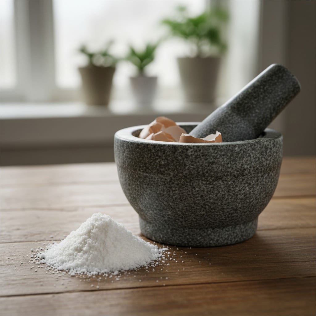 A pile of finely ground eggshell powder next to a mortar and pestle.