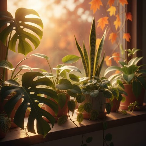 Several houseplants on a windowsill with soft autumn light filtering through.