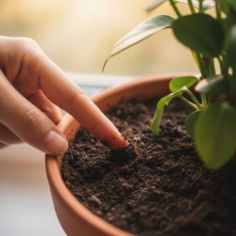 A person's finger checking the soil moisture of a potted plant.