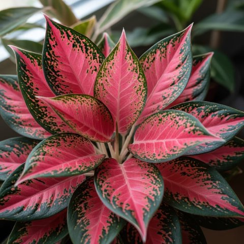 A Red Aglaonema plant with stunning red and pink markings on its green leaves.