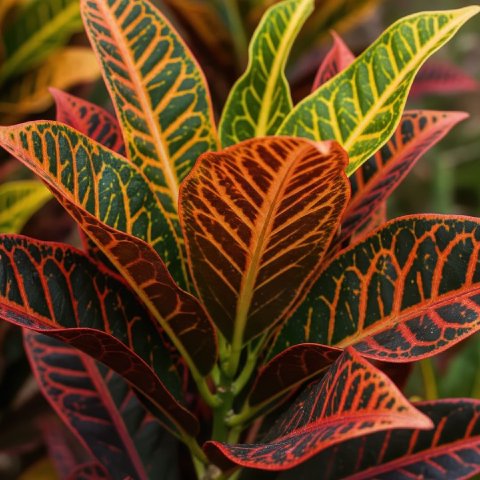 A brilliant close-up of a Croton plant's leaves, showing a vivid mix of red, orange, and yellow veins.