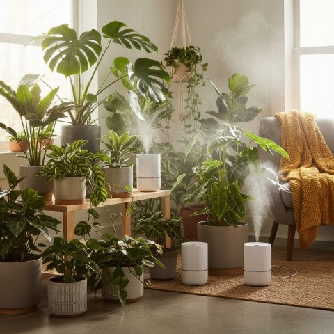 Several tropical houseplants grouped together in a corner, creating a lush, humid microclimate.