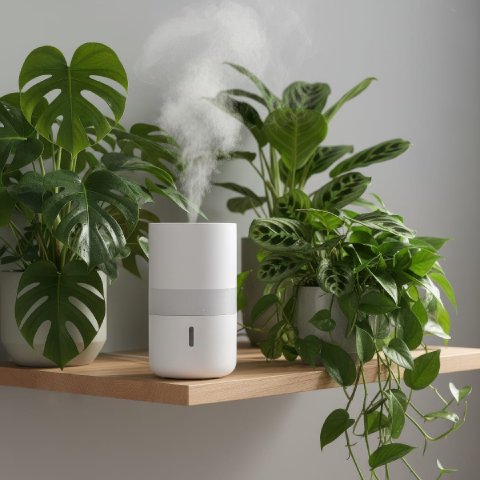 A small humidifier releasing gentle mist next to a group of houseplants on a shelf.