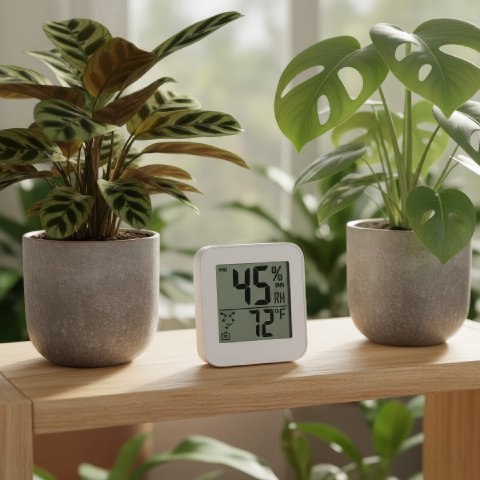 A hygrometer placed on a shelf next to indoor plants, showing 45% humidity.