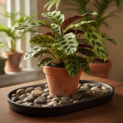 A decorative pebble tray filled with water beneath a small tropical houseplant.