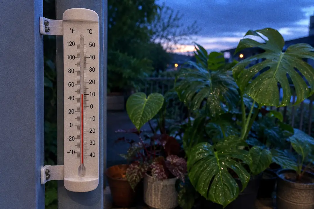 A thermometer on a patio showing a cool late-summer evening beside potted plants