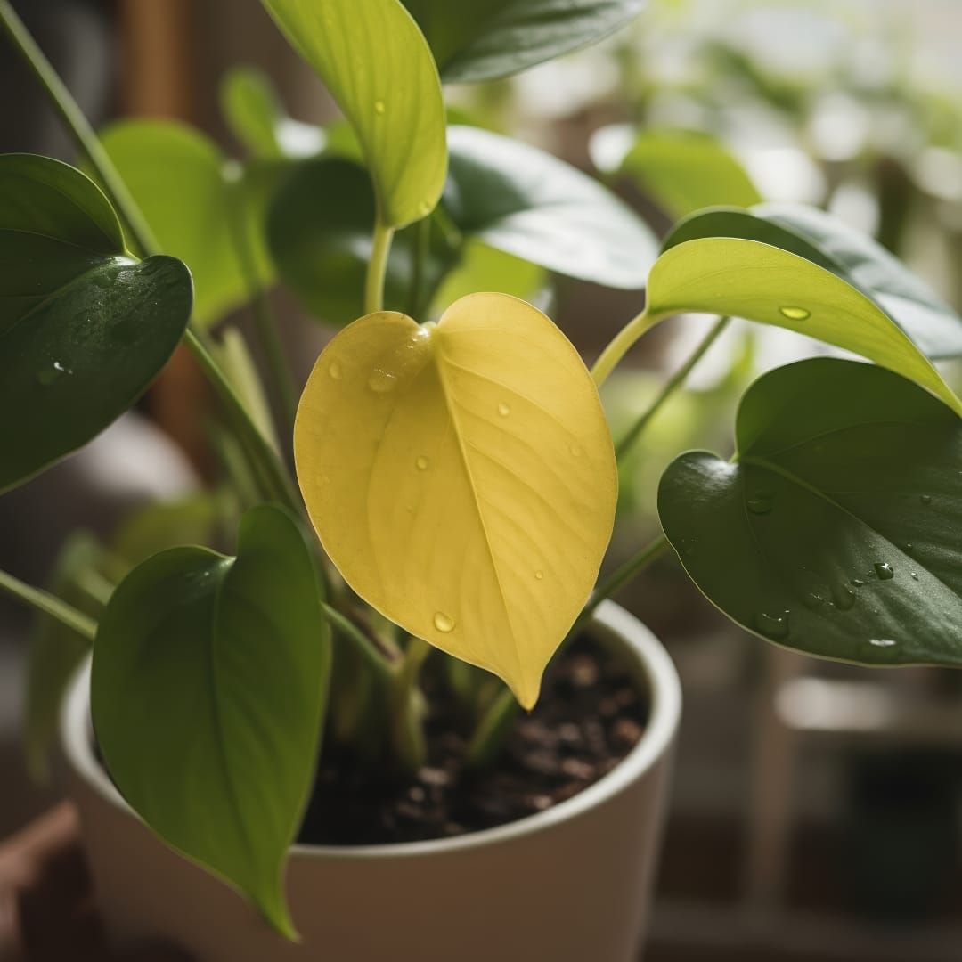A close-up shot focusing on a single, vibrant yellow leaf on an otherwise healthy pothos plant.