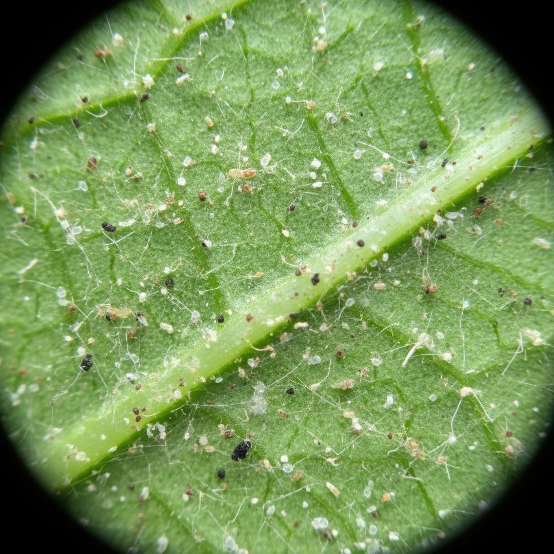 A macro photograph showing the fine, tell-tale webbing of spider mites on the underside of a houseplant leaf.
