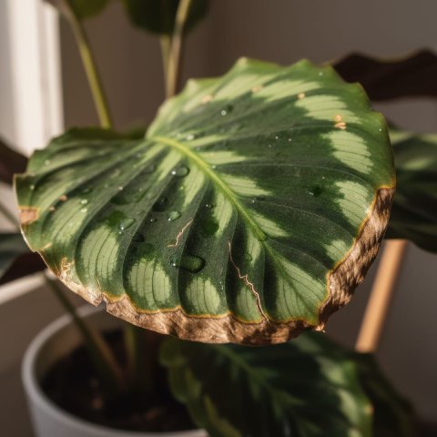 Close-up of a Calathea leaf with brown, crispy edges from dry indoor air.
