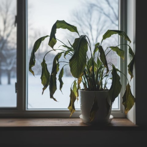 A drooping indoor plant with limp leaves from overwatering during winter.