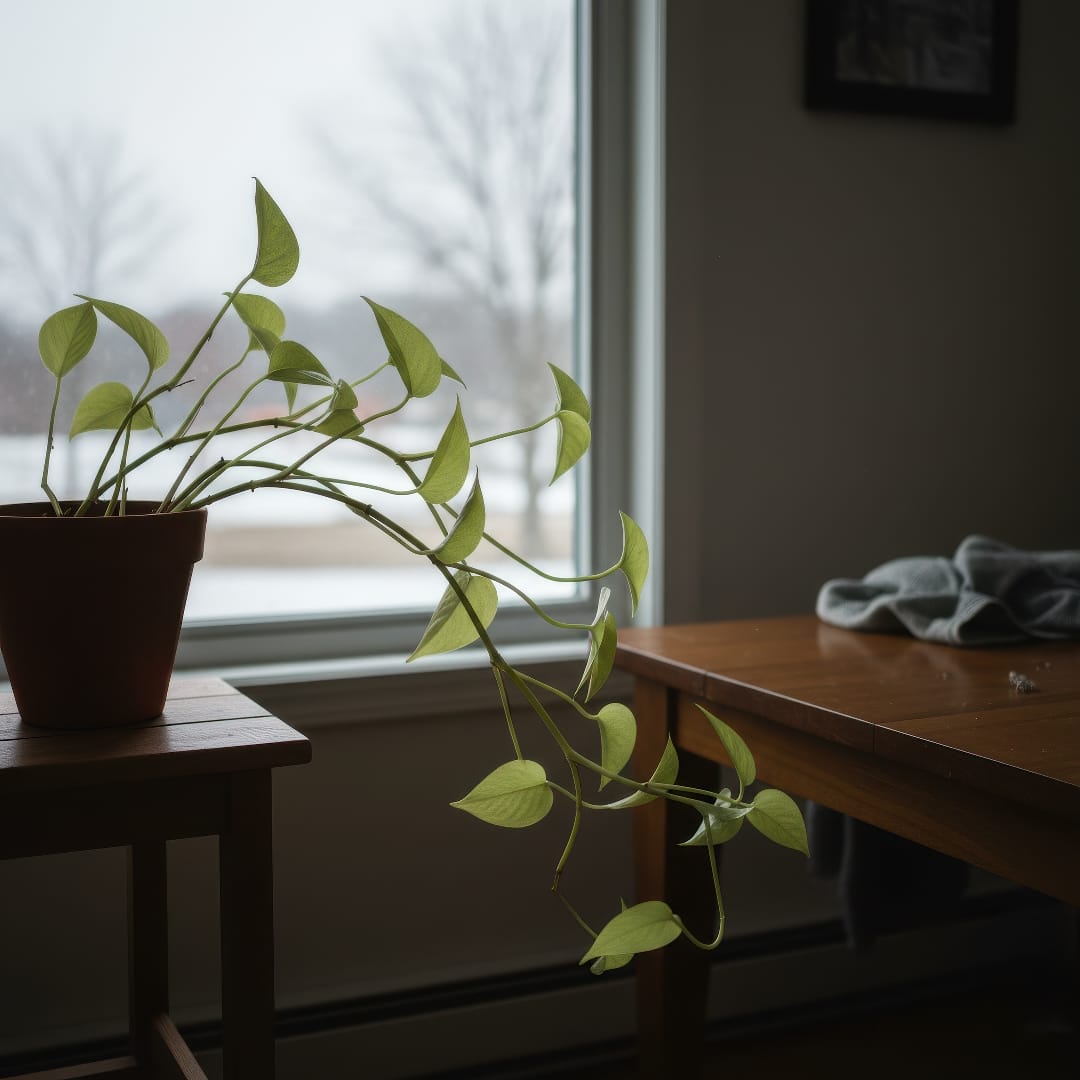 Pale indoor plant leaves showing signs of low light during short winter days.