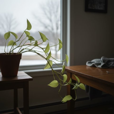 Pale indoor plant leaves showing signs of low light during short winter days.
