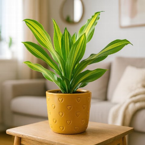 A Dracaena 'Golden Heart' with a very wide, vibrant golden center on its leaves.