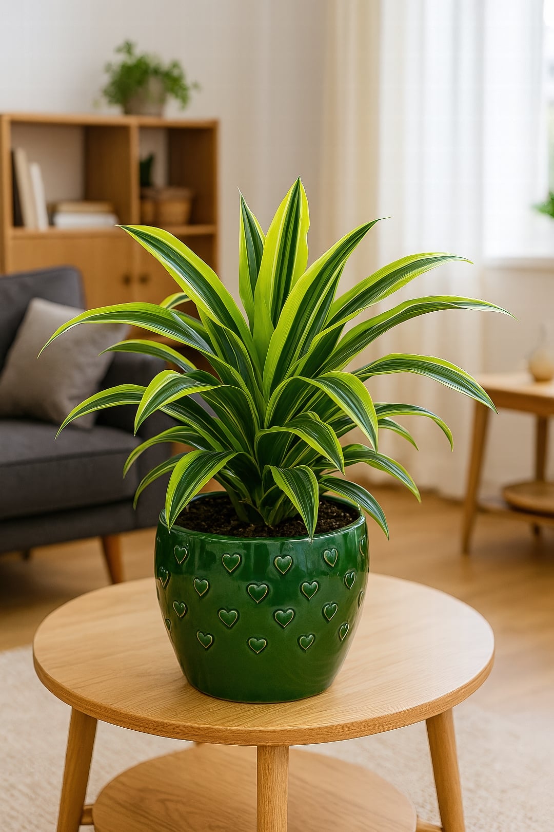 The vibrant chartreuse and green stripes of a Dracaena 'Lemon Lime'.