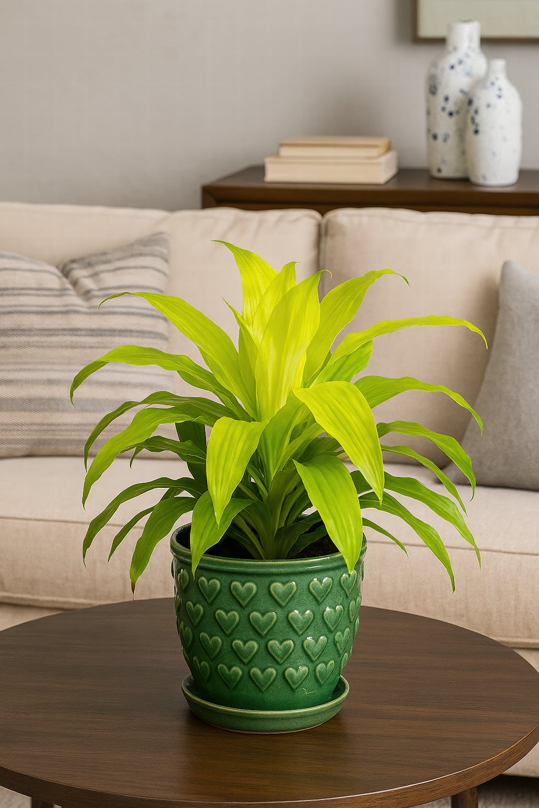 A glowing, solid chartreuse Dracaena 'Limelight' plant.