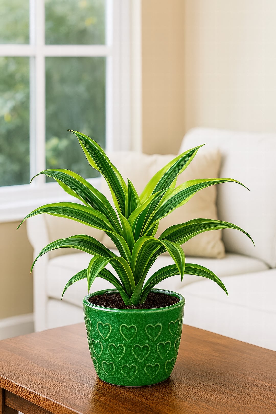A rare Dracaena 'Victoria' showing very wide, golden-yellow central stripes.