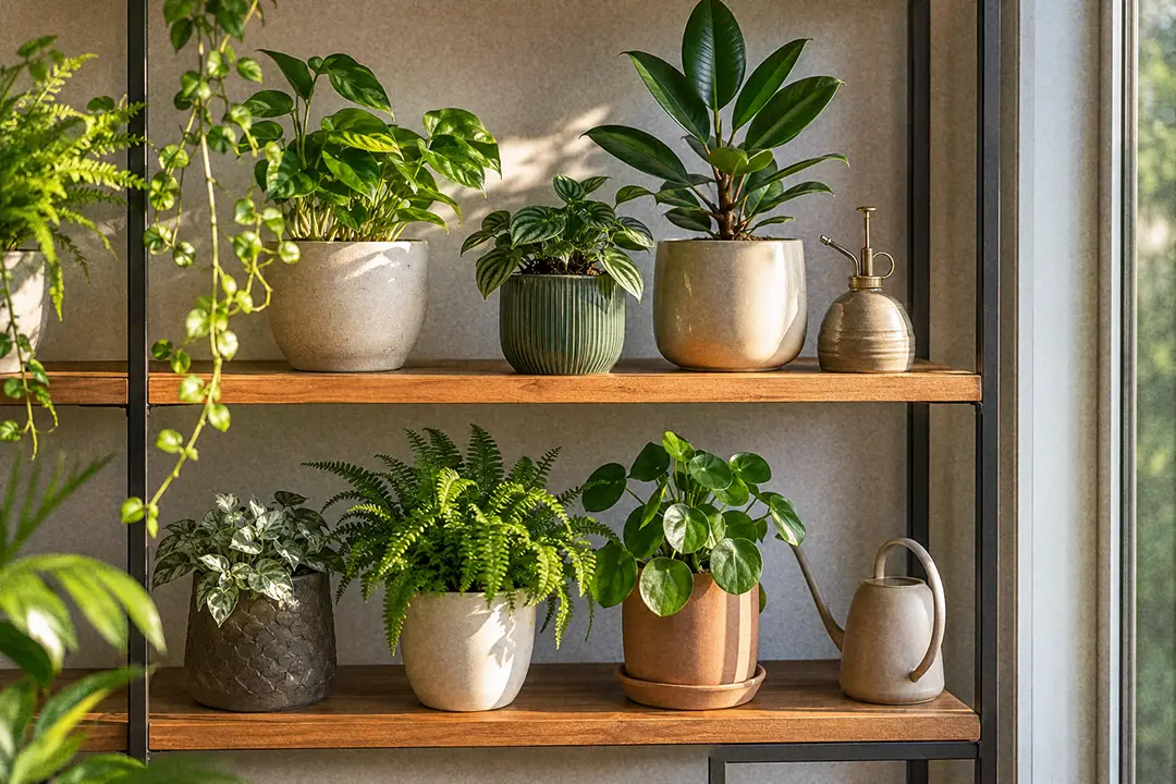 A tidy shelf of freshly cleaned and repotted houseplants at the end of summer