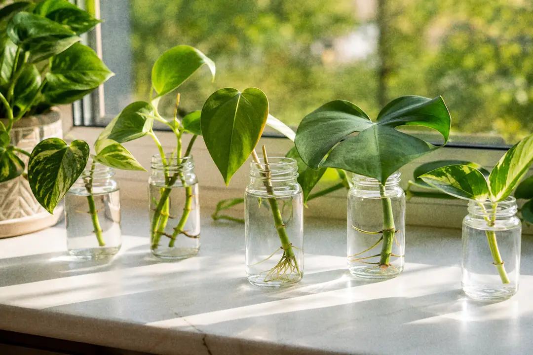 Fresh houseplant cuttings rooting in glass jars on a bright windowsill