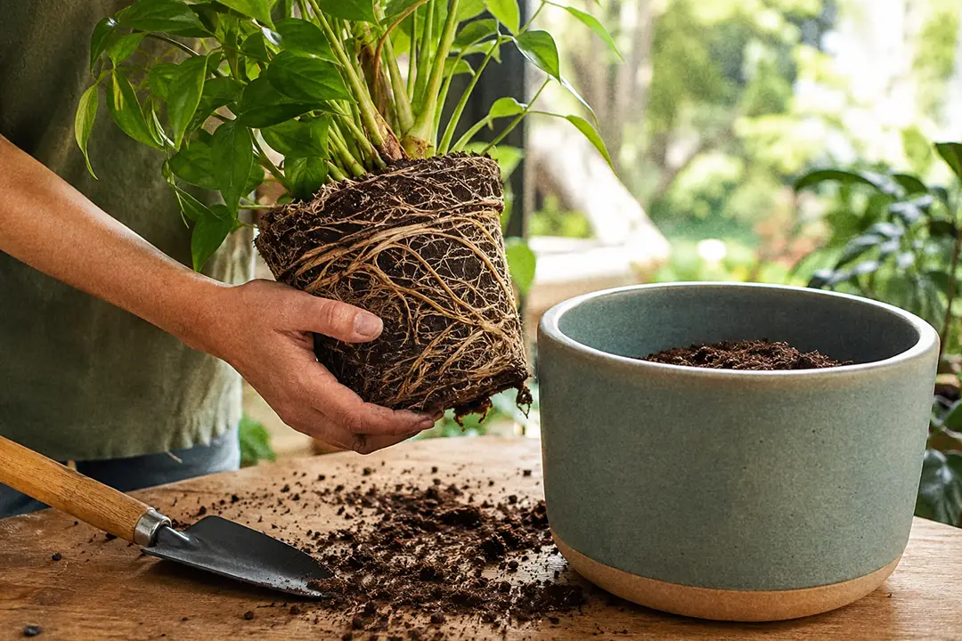 Repotting a houseplant into fresh soil in late summer with roots visible