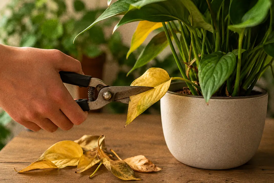 Trimming yellowing leaves from a houseplant with pruning snips