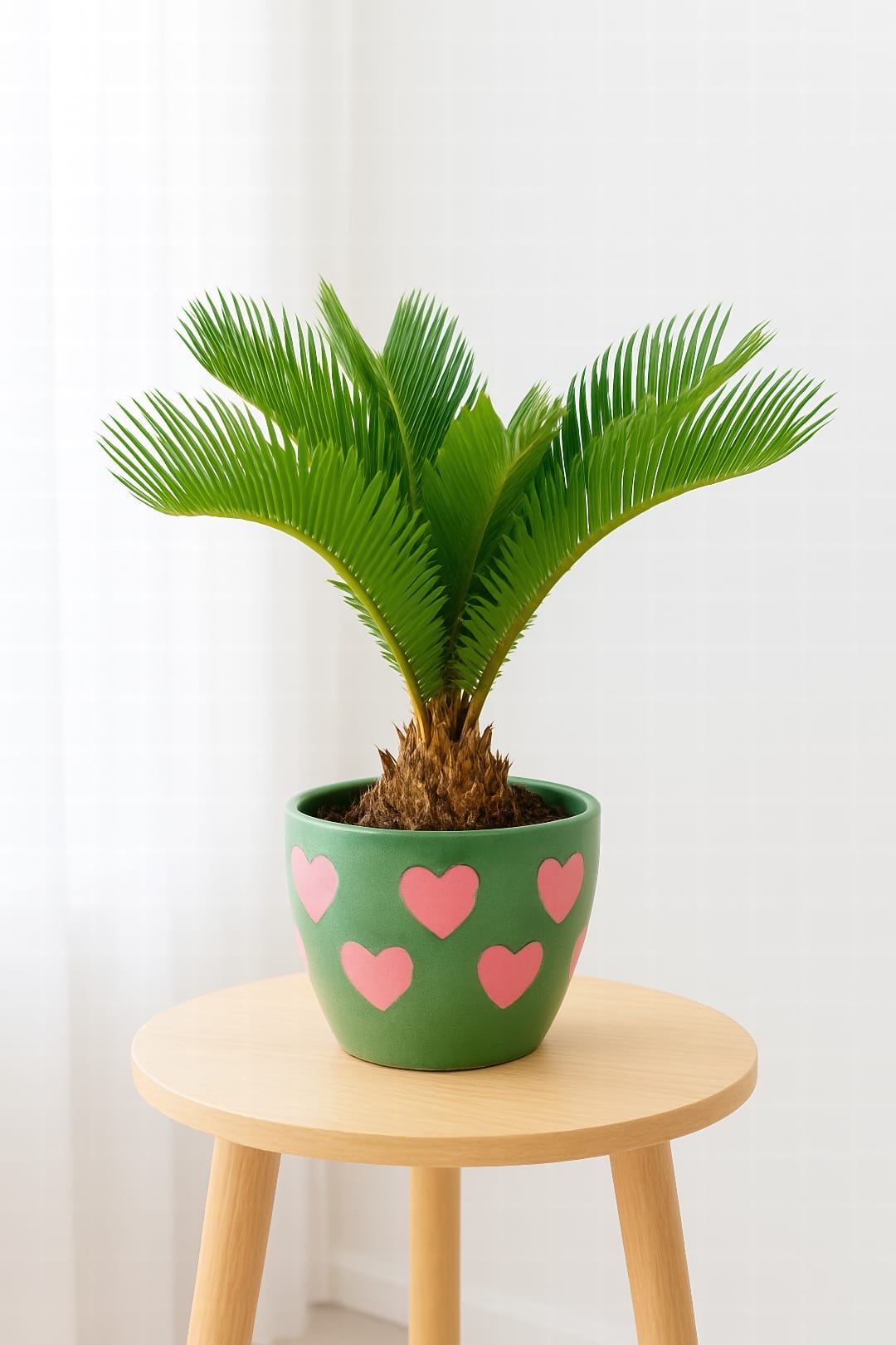 An elegant Sago Palm with its stiff, feathery fronds creating a symmetrical rosette, thriving in a brightly lit indoor space.