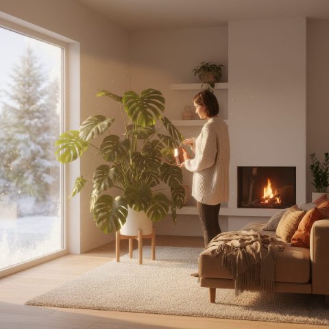 A person watering a tropical houseplant in a cozy winter living room.