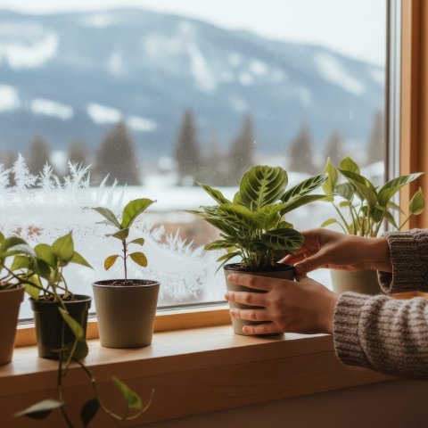 Houseplants near a frosty window being pulled slightly inward to avoid cold drafts.