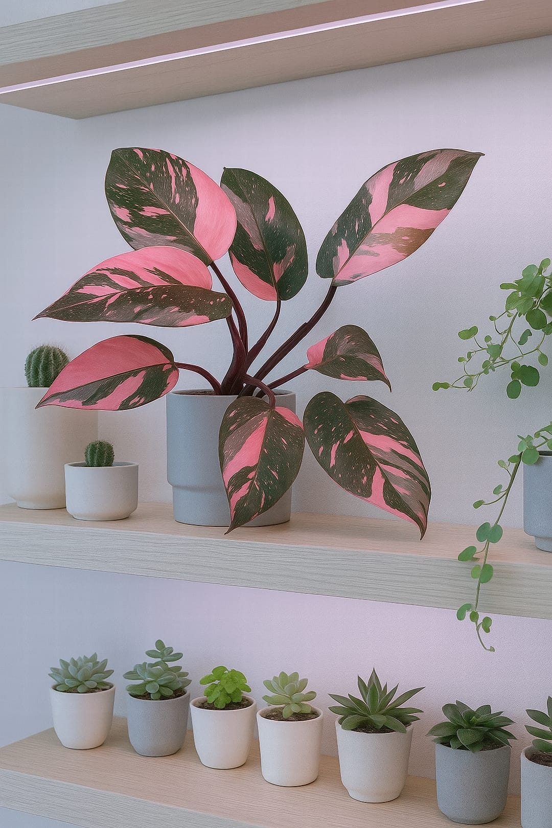 A Pink Princess Philodendron on a bright shelf, surrounded by other small plants.