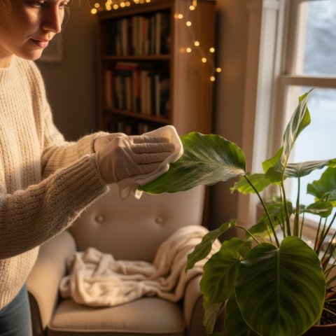 A person gently wiping a houseplant leaf to remove dust and prevent pests.