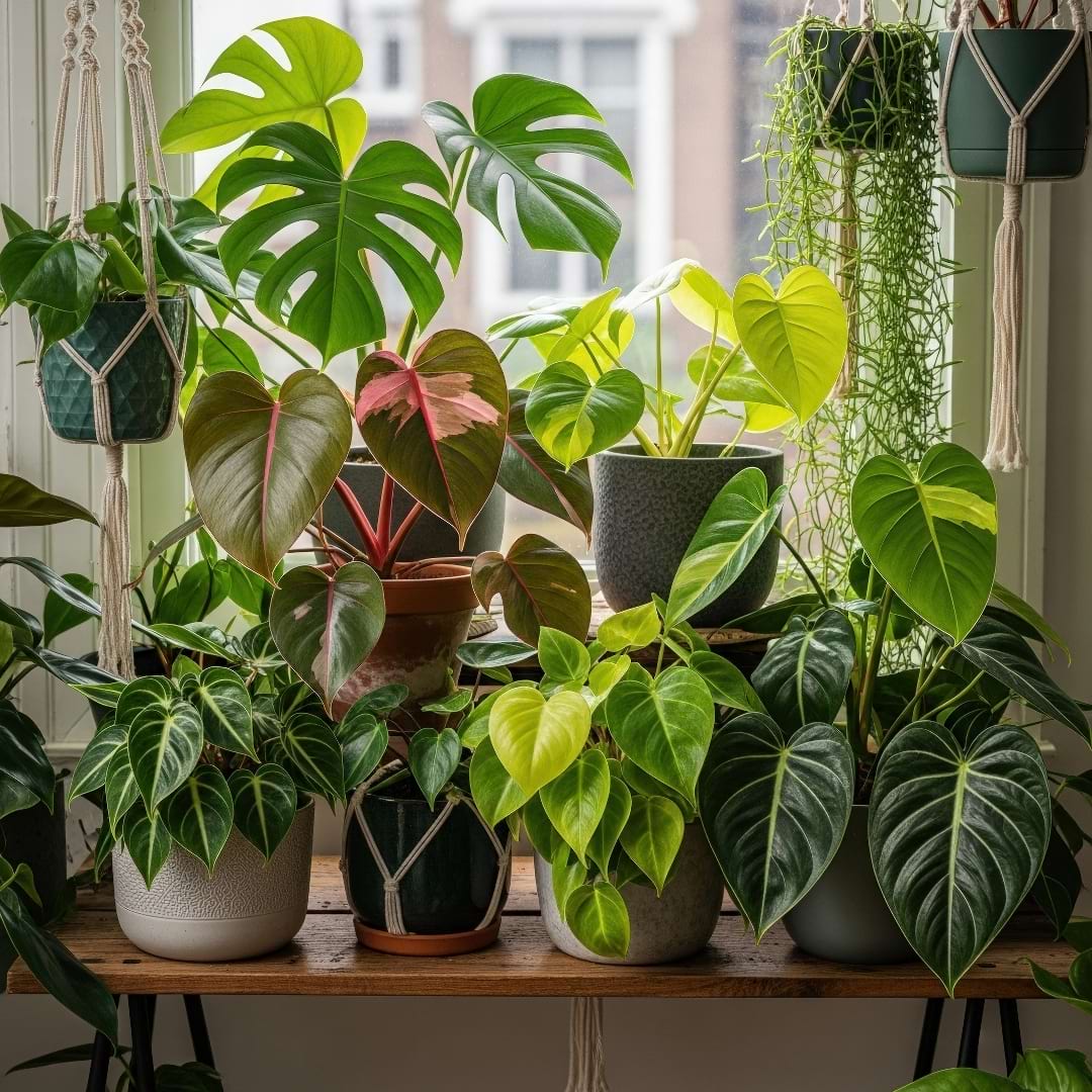 A trailing Heartleaf Philodendron with its lush green leaves, a classic tropical plant that loves humidity.