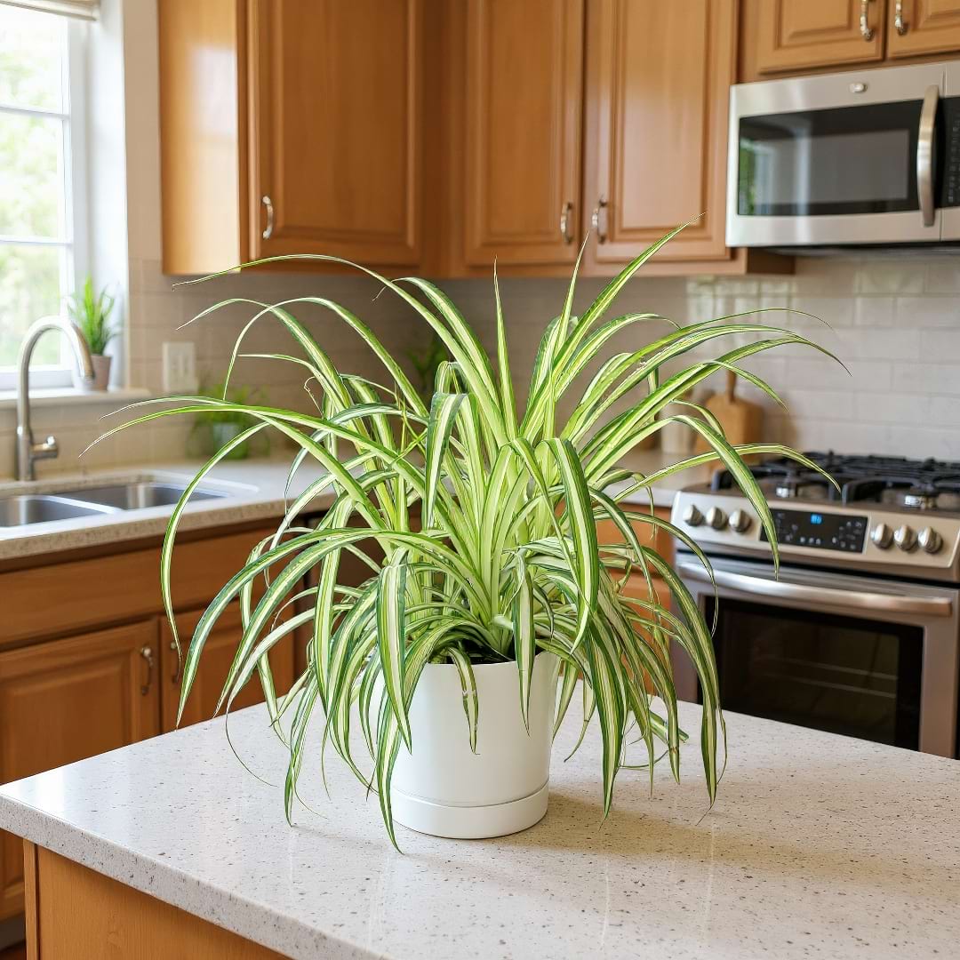 A cheerful Spider Plant with its arching leaves and baby plantlets, known to increase indoor humidity.
