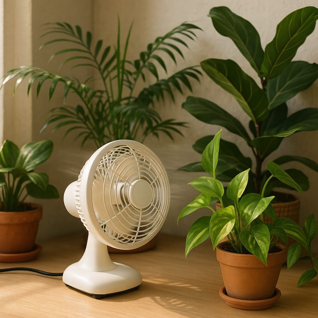 A small fan circulating air near indoor plants