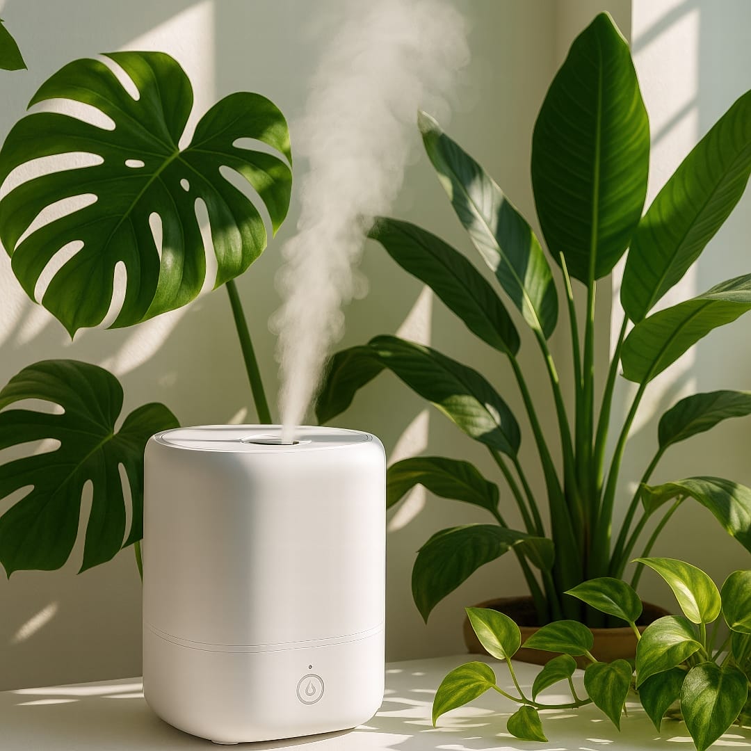 A humidifier running next to a group of indoor plants