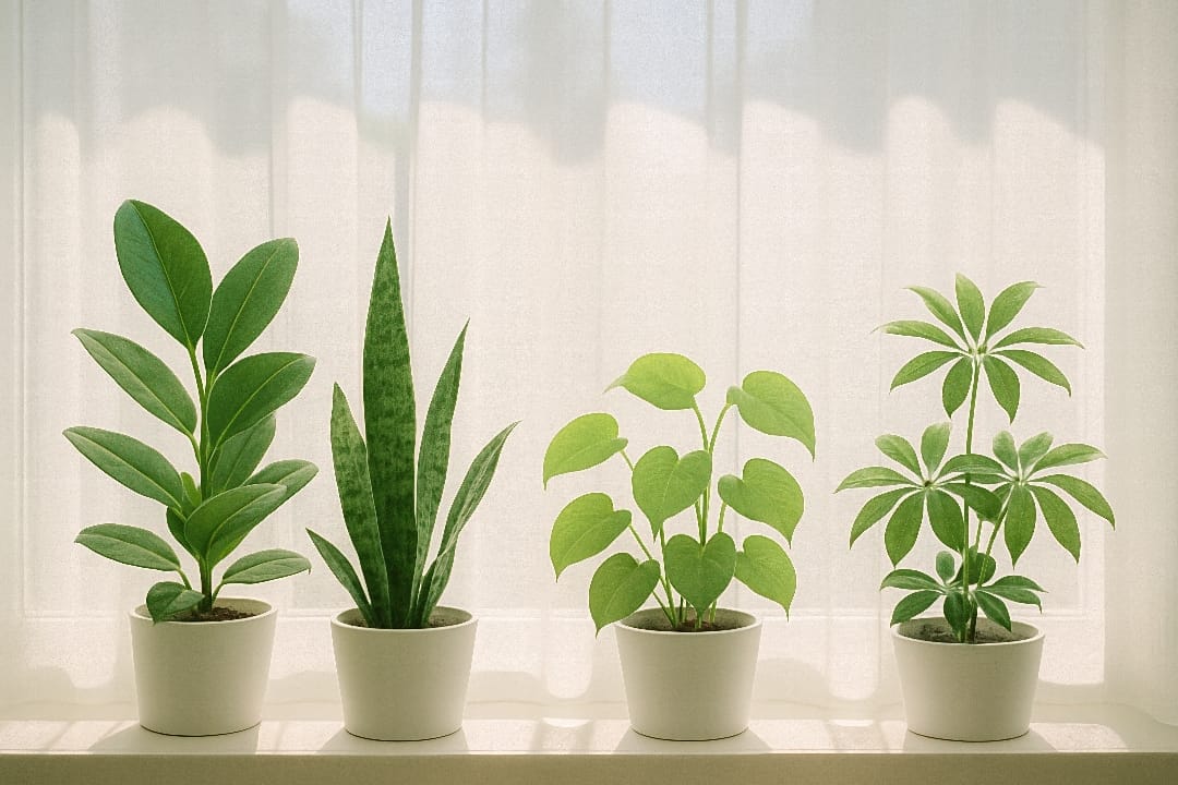 Indoor plants behind a sheer curtain filtering sunlight
