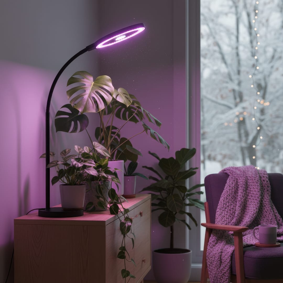 A minimal grow light setup with a full-spectrum LED lamp over indoor plants.