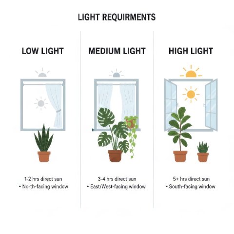 Illustrated chart comparing light levels needed for different houseplants in winter.