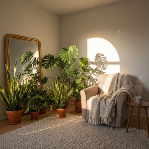 Houseplants placed near a mirror reflecting extra light onto their leaves.
