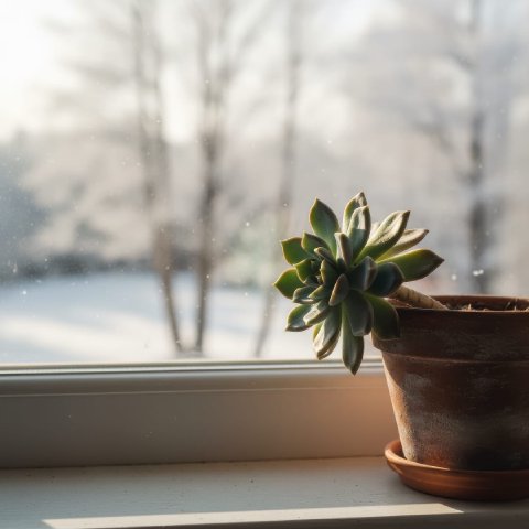 A succulent stretching toward light on a windowsill during winter.
