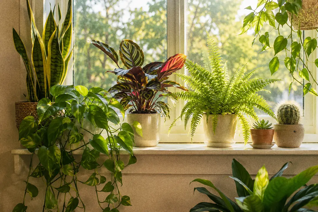 A bright windowsill of healthy houseplants in warm summer light.