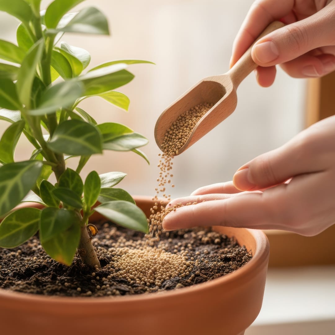 Granular slow-release fertilizer being sprinkled lightly into a houseplant pot.