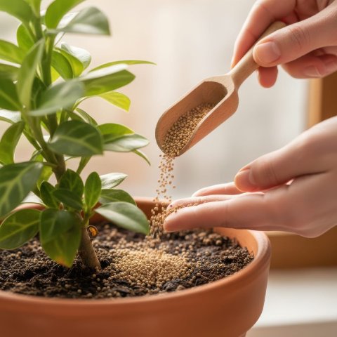 Granular slow-release fertilizer being sprinkled lightly into a houseplant pot.